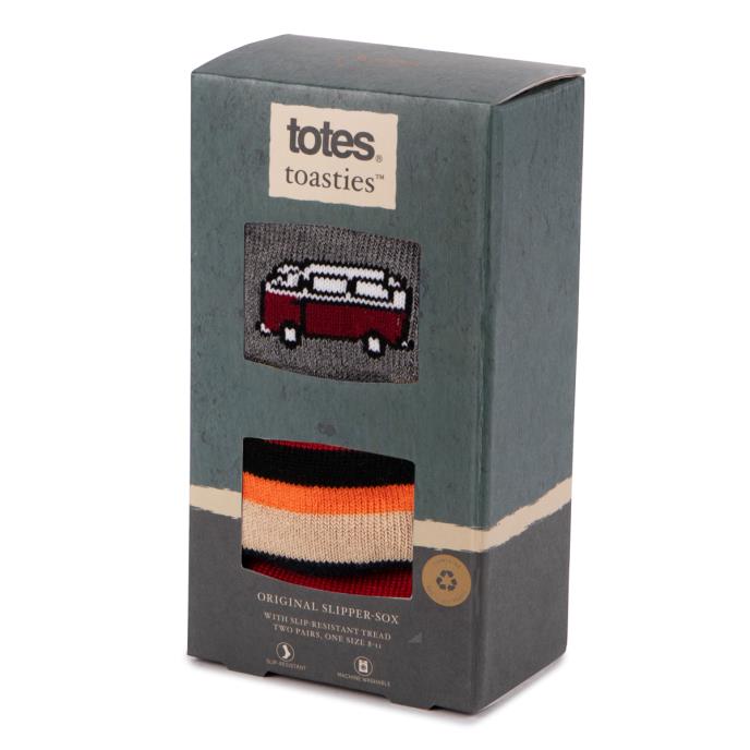 totes toasties® Mens Original Slipper Socks (Twin Pack) Campervan / Stripe Extra Image 1